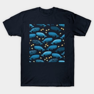 Blue whales illustration poster with pattern of whales and yellow seashells T-Shirt